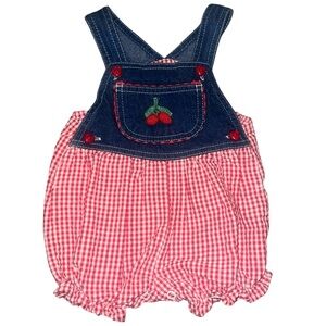 RARE! 🍒🍒 Vintage Sweet Cherries Denim Red Gingham Seersucker Romper 3-6 months